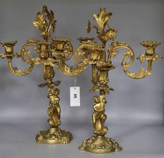 A pair of 19th century gilt metal three branch, three light candelabra with scroll arms and figural stem, 19.5in.